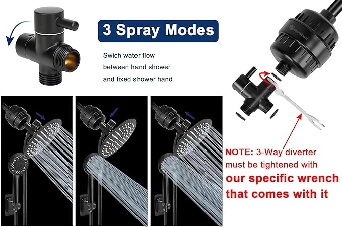 NearMoon Filtered Shower Head, High Pressure 8″Round Rain Shower and 5 settings Handheld Shower Filter Combo with Self-adhesive Holder/1.5M Hose -1 Replaceable Filter Cartridge (Matte Black)