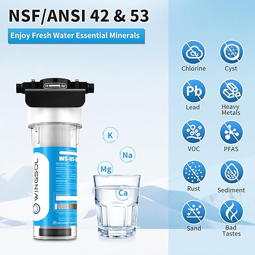 WINGSOL Under Sink Water Filter NSF/ANSI 42, Reduce 99.99% Chlorine, PFAS, PFOA/PFOS, Bad Taste & Odor, Sediment, Quick Change, Life Indication, 6K-Gallon Water Filtration System