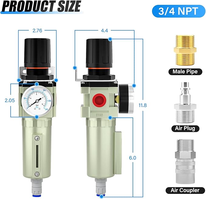 3/4" NPT Heavy Duty Industrial Grade Air Compressor Moisture Filter, Auto Drain, Particulate Filter and Air Regulator For Plasma Cutter and Paint Spray