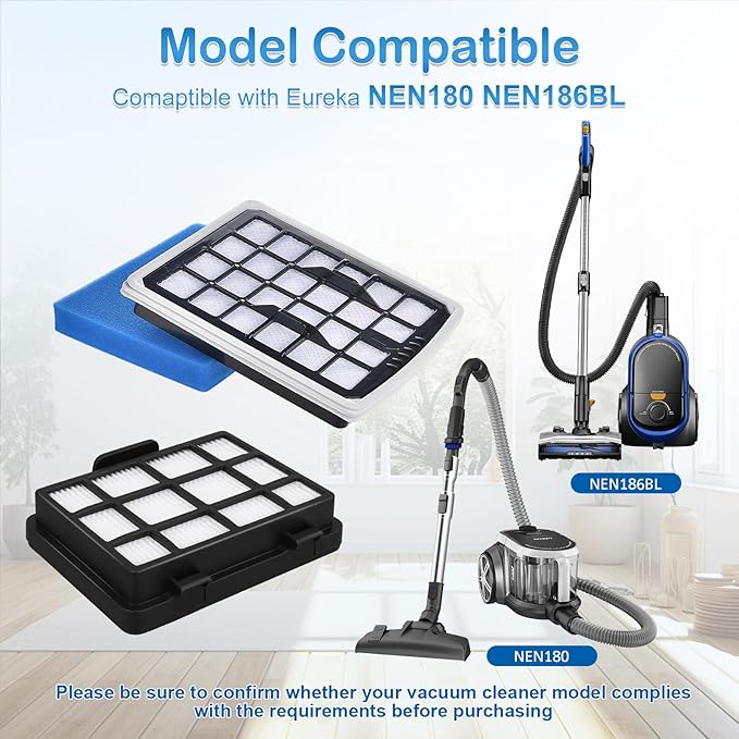 NEN186BL Filter Replacement Compatible with Eureka NEN180 NEN186BL Bagless Canister Vacuum Cleaner, Replaces Part includes 2 HEPA Washable Filters and 2 Dust Cup Filters Element
