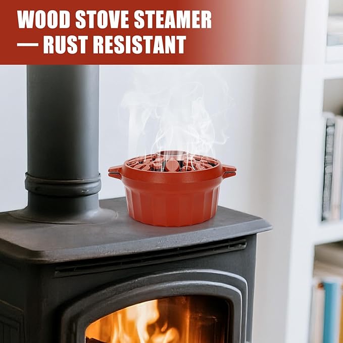 G GOOD GAIN Wood Stove Steamer - Cast Iron Round Bowl Fire Place Stove Humidifier Pot with Large Opening Top for Home Heating Decorative | Matte Finish & 2.7 Quart, OrangeRed