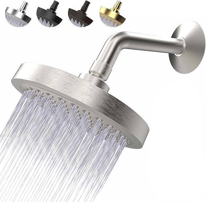High Pressure Shower Head - Anti-Clogging Silicone Nozzles - 2.5 GPM Removable Restrictor - Easy to Clean Adjustable Replacement - easy to install with Plumbers Tape - 6 inch - Brushed Nickel Finish