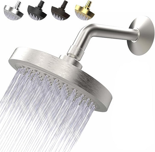 High Pressure Shower Head - Anti-Clogging Silicone Nozzles - 2.5 GPM Removable Restrictor - Easy to Clean Adjustable Replacement - easy to install with Plumbers Tape - 6 inch - Brushed Nickel Finish