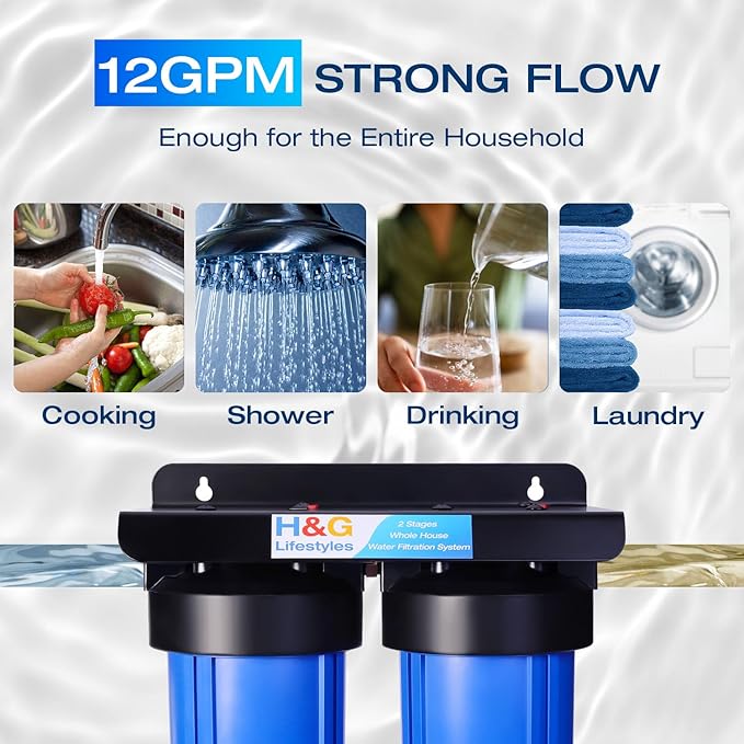 H&G Lifestyles Whole House Water Filter System,Iron Filter for Well Water,2 Stage Water Filtration System, Reduce Fluoride Chlorine Odor Heavy Metal Lead, 4.5x10 Cartridge,1" Barb Cooper Fittings