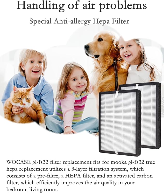 2-Pack GL-FS32 Replacement Filter, 3-in-1 H13 True HEPA Filtration Compatible with MOOKA®/KOIOS® GL-FS32 and Azeus® GL-FS32 Air Purifier