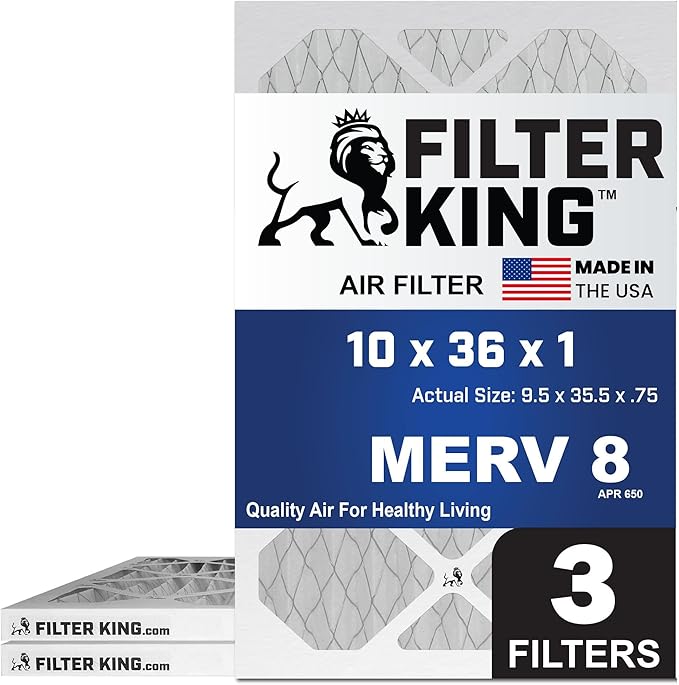 Filter King 10x36x1 Air Filter | 3-PACK | MERV 8 HVAC Pleated A/C Furnace Filters | MADE IN USA | Actual Size: 9.5 x 35.5 x .75"