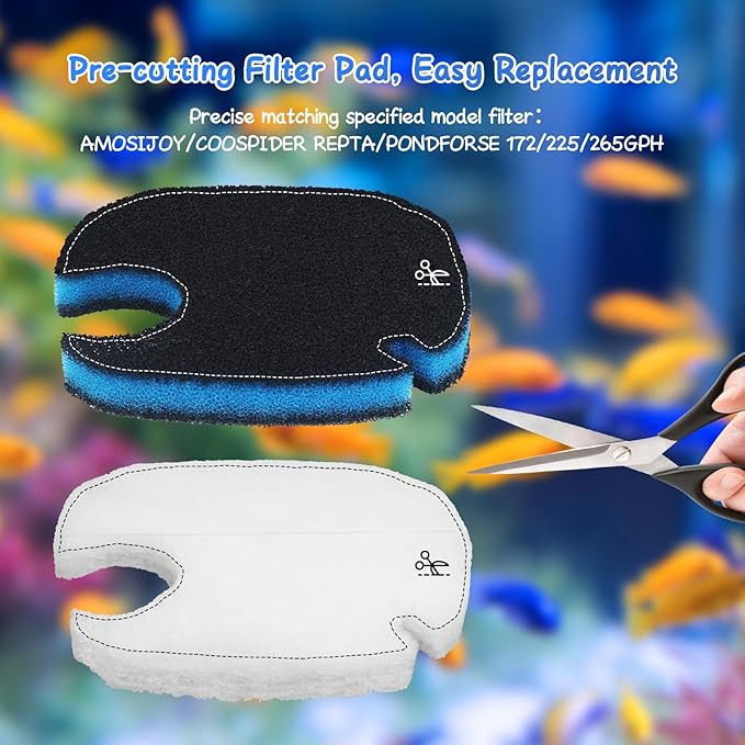 12 Pcs Replacement Canister Filter Pads Compatible with PONDFORSE 172/225/265GPH, Aquarium Filter Floss for AMOSIJOY Canister Filter(6 White Floss Pads & 6 Coarse Filter Pads with Actived Carbon)