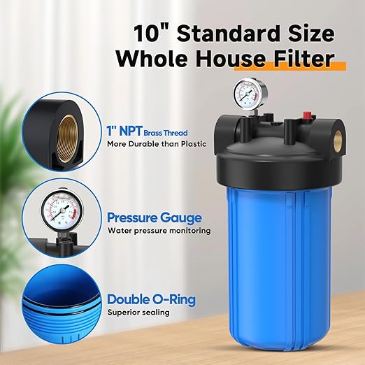 PUREPLUS 1-Stage Whole House Water Filter, with Iron Manganese Reducing Water Filter, 10"x4.5" Cartridge Universal Housing, Pre-Filtration System for Well Water, 1" NPT Port, Pressure Release