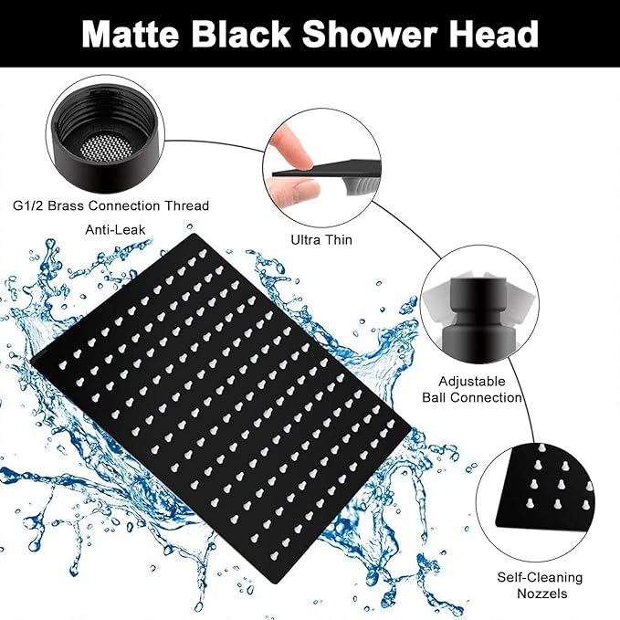HarJue High Pressure Large Stainless Steel Square Rain ShowerHead With Shower Arm Waterfall Full Body Coverage Easy to Clean and Install (12 Inch With Arm, Matte Black)