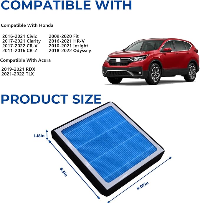 CF11182 Cabin Air Filter With Honda Civic,Clarity,CR-V CRV,CR-Z CRZ,Fit,HR-V HRV,Insight,Odyssey & Acura RDX,TLX 2016 2017 2018 2019 2020 2021 2022 2023 2024 Activated Carbon Air Filters