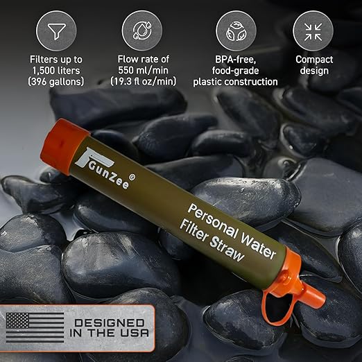 GunZee Personal Water Filter Straw, Reusable Straws for Drinking Clean, Filtered Water, Portable & Lightweight, Ideal for Camping, Hiking, Fishing, and Backpacking, Survival Gear and Supplies, 4-Pack