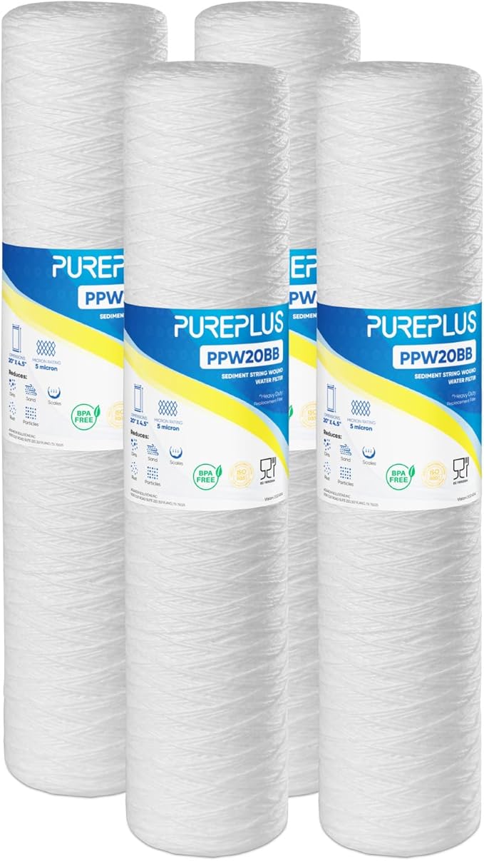PUREPLUS 5 Micron 4.5" x 20" Whole House String Wound Sediment Filter for Well Water, Replacement Cartridge for Pentair Pentek WP5BB20P/WP25BB20P, Hydronix SWC-45-2005, SpiroPure SP-WP5-20BB, 4Pack