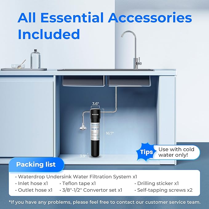 Waterdrop UA-5Y 𝟓 𝐘𝐞𝐚𝐫𝐬 Under Sink Water Filter System, Ultra Long Life, Reduces Lead, Chlorine, Bad Taste & Odor, Water Filter for Sink Faucet Direct Connect to Kitchen Faucet, USA Tech