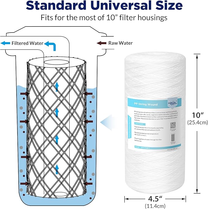 Membrane Solutions 5 Micron 10"x4.5" String Wound Whole House Water Filter Replacement Cartridge Universal Sediment Filters for Well Water - 4 Pack