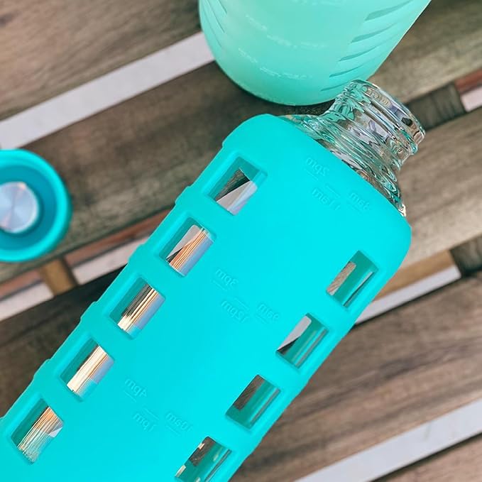 purifyou 40oz / 32oz / 22oz / 12oz Borosilicate Glass Water Bottle with Time & Volume Markers, Silicone Sleeve, Stainless Steel Lid | Reusable Glass Bottle for Water & Juice (32oz Aqua Blue)