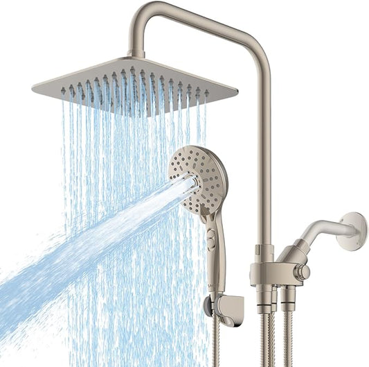 8" Dual Shower Head Combo, Rainfall Shower Head with Handheld, 6 Spray Settings Angle Adjustable Handheld Shower Head with Pause, Height Adjustable, Brushed Nickel
