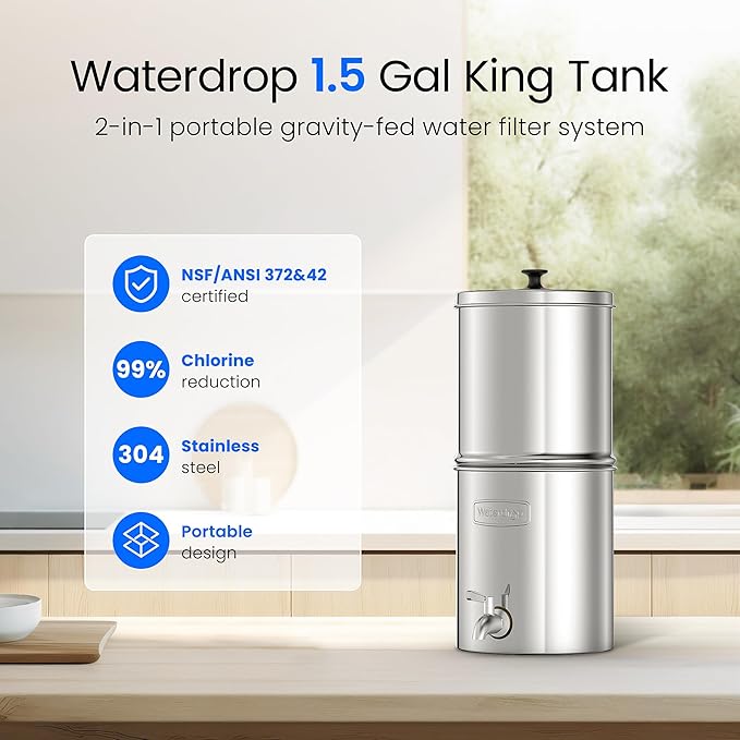 Waterdrop 1.5 Gallon Countertop Water Filtration System, NSF/ANSI 42&372 Certified Black Carbon Elements, Reduce Lead and Up to 99% Chlorine, for Home, Travel, Camping, Off-Grid