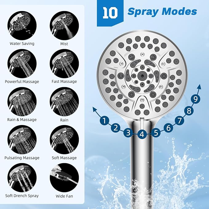 Hibbent Upgraded All Metal 10"Rainfall Showerhead Combo, High Pressure Shower Head with 10-Spray Mode Handheld, Innovative 4-way Diverter with Pause Mode, 71'' Shower Hose and Handheld Holder, Chrome
