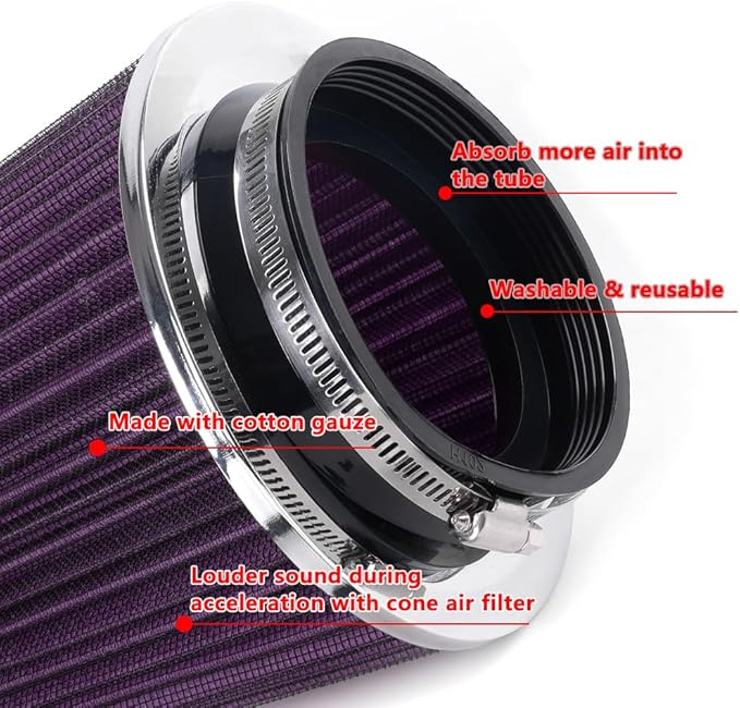 4-Inch Cold Air Intake Filter - Washable, High Performance, 3" or 3-1/2" or 4" Clamp-On Replacement Air Filter Purple (8" Tall)