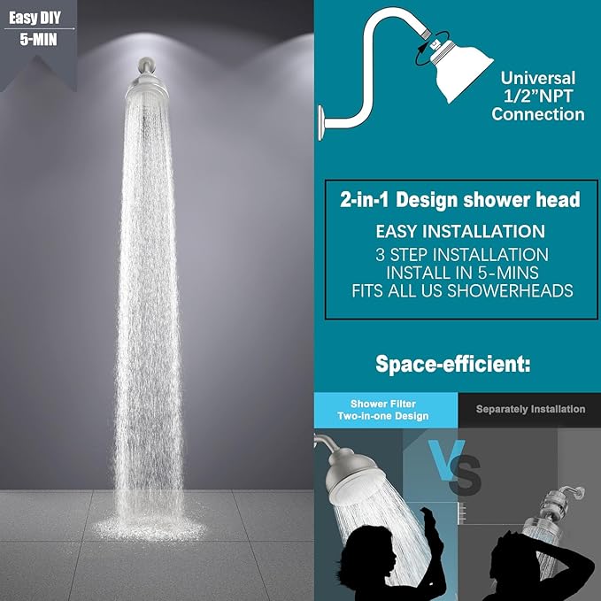 Stainless Steel Shower Head with Filters - Durable & Rustproof, Filtered Shower Head with High-Capacity Filter Cartridge for Hard Water - Long-Lasting Filtration Reduce Hair Shedding Soothe Dry Skin