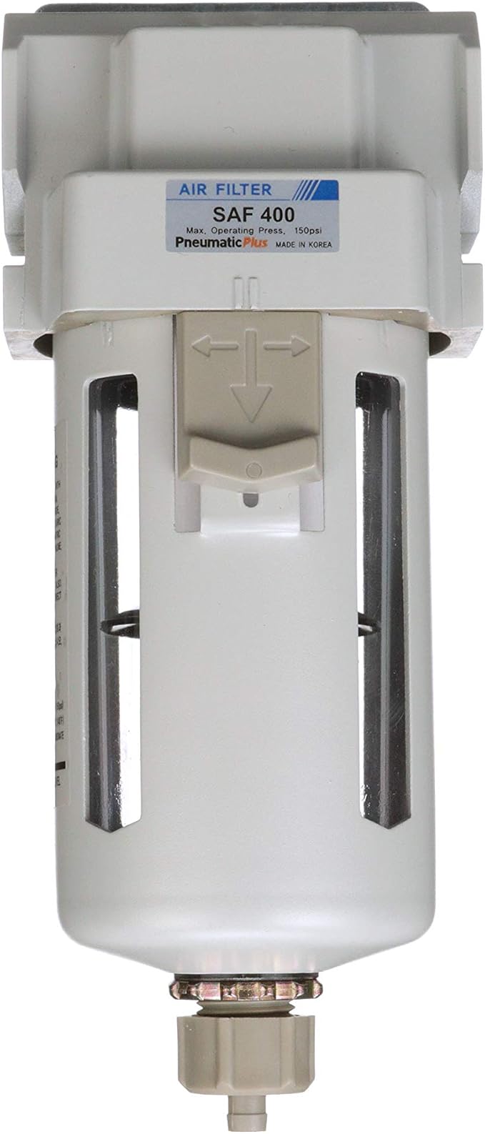 PneumaticPlus SAF400-N04B Compressed Air Particulate Filter 1/2" NPT, 10 Micron Element, Poly Bowl, Manual Drain, Bracket