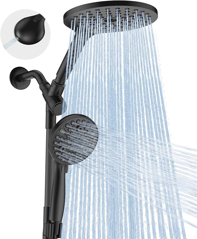 Dual Handheld Shower Head Combo, 2-in-1 Rain Shower Heads System 8 Inch Rainfall Shower Head and 10 Modes High Pressure Hand Held Showerhead with Built-in Power Wash