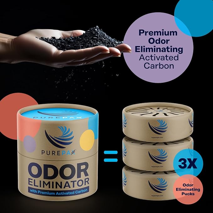 PUREPAX Odor Eliminator For Small Spaces - Premium Activated Carbon Charcoal Unscented 3 Count - Strong Odor Remover for Shoes, Fridge, Diaper Pail, Closet, Drawers, Car, Locker, Gym Bag