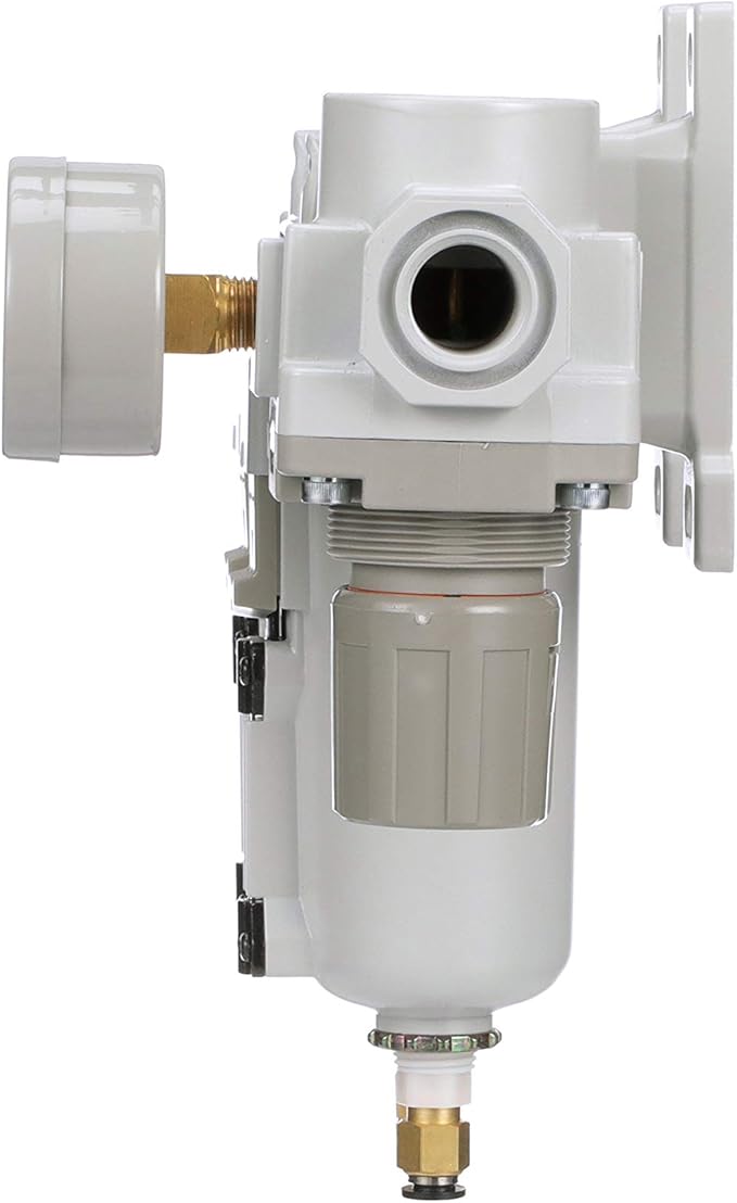 PneumaticPlus SAU430-N06DG-MEP Three Stage Air Drying System Particulate Air Filter, Coalescing Filter, Air Pressure Regulator Combo 3/4" NPT - Metal Bowl, Auto Drain, Bracket, Gauge