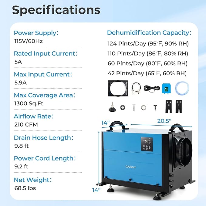 COSTWAY 124 PPD Commercial Dehumidifier, 1300 Sq.Ft Crawl Space Dehumidifier with 9.8 FT Drain Hose & Wired Remote Control Panel, Ideal for Basement, Warehouse, Job Site (Blue)