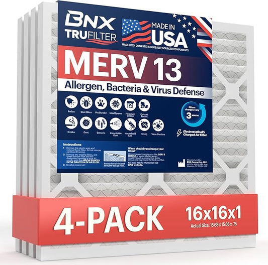 BNX TruFilter 16x16x1 Air Filter MERV 13 (4-Pack) - MADE IN USA - Electrostatic Pleated Air Conditioner HVAC AC Furnace Filters for Allergies, Pollen, Mold, Bacteria, Smoke, Allergen, MPR 1900 FPR 10