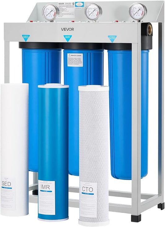 VEVOR Whole House Water Filter System, 3-Stage | Sediment, IMR, CTO | 4.5" x 20" Home Water Purifier Filter Reduce Iron, Manganese, Chlorine, Bad Taste, Odor, Rust