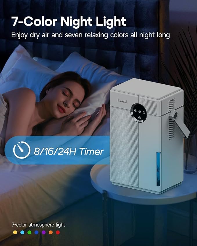 Small Dehumidifier with Drain Hose, Portable Dehumidifier for Bathroom, 118oz Dehumidifiers for Home 800 sq ft with 7 Colorful Light, Quiet Dehumidifiers for Bedroom RV Closet Basement,White