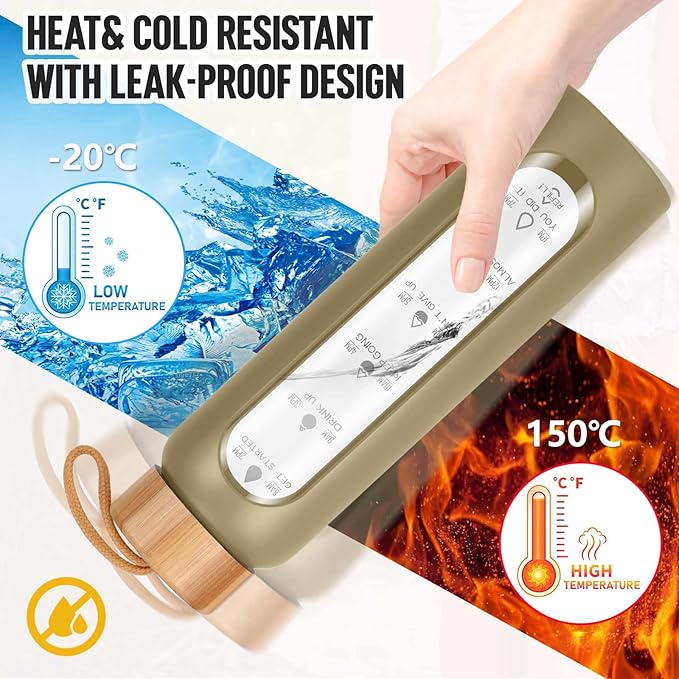 Aqulea Glass Water Bottles 32 Oz with Silicone Sleeve - BPA Free Reusable Wide Mouth Glass Motivational Water Bottles with Fruit Infuser – Leak Proof Borosilicate Water Bottle with Time Marker (Champ)