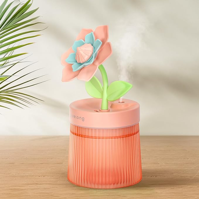 Cute Flower Mini Humidifier, 260ml Gardenia Desktop Humidifiers for Bedroom, Portable Small Cool Mist Humidification for Home, Baby Nursery, Office & Indoor Plants, USB Powered (Pink)