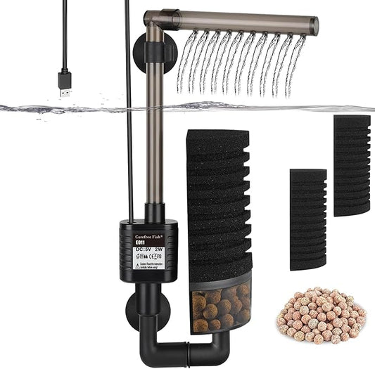 Carefree Fish Aquarium USB Filter Sponge Fish Tank Quiet Bubble Filter with 2 Sponges and 1 Bag of Filtered Ceramic Balls for Salt Water and Fresh Water