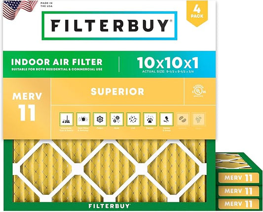 Filterbuy 10x10x1 Air Filter MERV 11 (MPR 1200) Allergen Defense Replacement (4-Pack), Electrostatic Pleated HVAC AC Furnace Filters, Made in USA (Actual Size: 9.50 x 9.50 x 0.75)