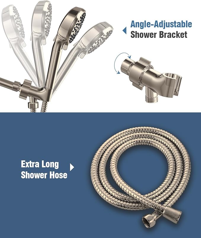 Filtered Shower Head with Handheld Brushed Nickel, BOWGER 6 Modes High Pressure Shower Heads with Power Wash Mode and Hard Water Filter, Detachable Hand Held Showerhead Set with Extra Long Hose