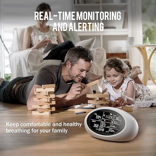 12 in 1 Air Quality Monitor Indoor, Portable Indoor Air Quality Meter for CO2, Temperature (°F), Humidity, VOC, PM2.5, PM1.0, PM10 & Time Display, CO2 Detector for Home