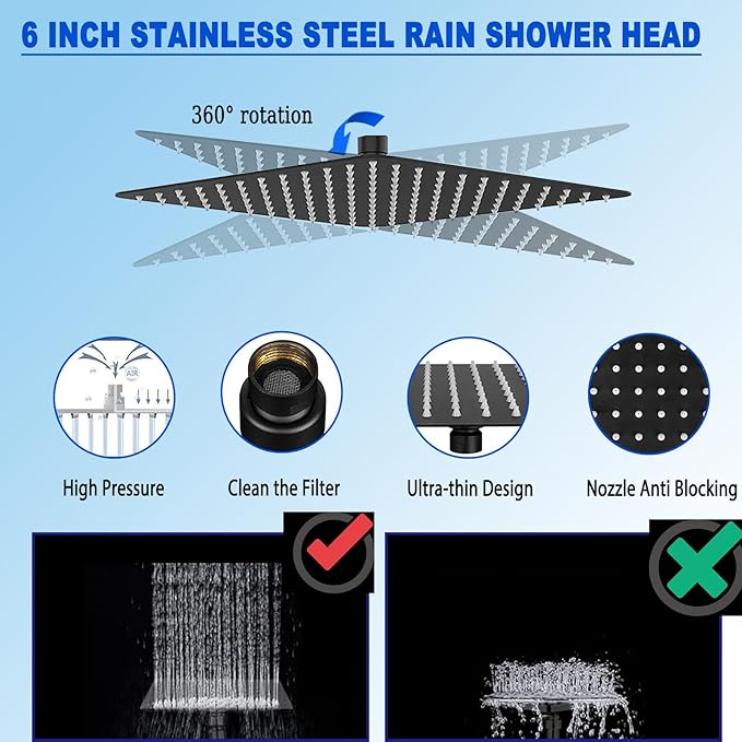 6'' Square High Pressure Rain Black Shower Heads with Handheld Spray Combo. Equipped with 78" Leakproof Hose, 3 Way Diverter Valve, Adhesive Shower Head Holder, Double Shower Head Set, AWAXFOLO