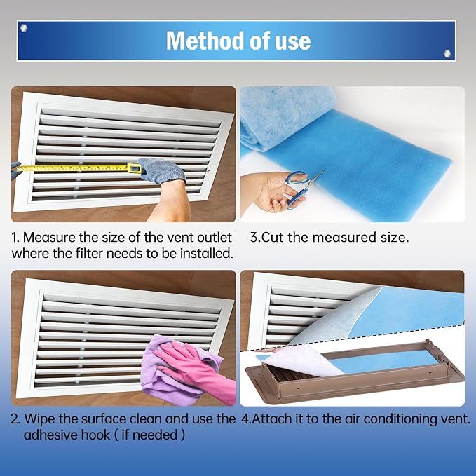 Air Vent Filter, 18"X90" Cut to Size MERV 8 Triple Air Filter Material, Blue & White Electrostatic Vent Filter Kit for Home Floor, Ceiling, Grilles, HVAC Vent, Compression Packing