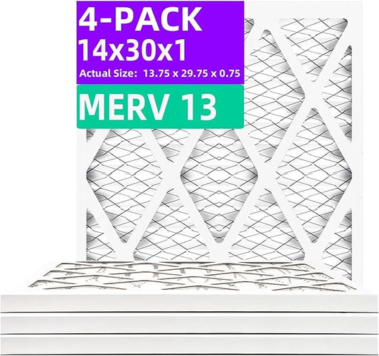 14x30x1 MERV 13 (4-Pack) Pleated Air Filter (Actual Size: 13.75"x29.75"x0.75") MPR 1900 & FPR 10, Furnace Air Filters,14x30x1 air filter