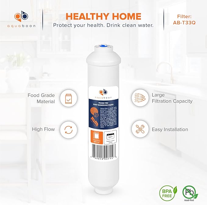 Aquaboon T33 Inline Post Activated Carbon Water Filter for Refrigerator, Ice Maker w/Quick Connect for 1/4 Water Line Compatible with ICF-10, 12-Pack