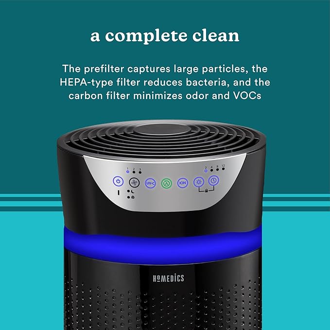 Homedics 5-in-1 UV-C Air Purifier - 360-Degree HEPA Filter for 1,659 Sq Ft, Extra Large Air Purifiers for Bedroom and Home, Essential Oil Pads, Built-In Timer, 5 Speed Settings for Large Rooms, Black