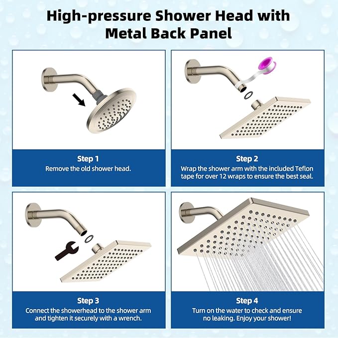 Hibbent Thickness Metal Rain Shower Head, 6'' High Pressure Rainfall Shower Head, Square Bathroom Waterfall Shower Heads, High Flow Fixed Showerheads with Adjustable Brass Ball Joint, Brushed Nickel