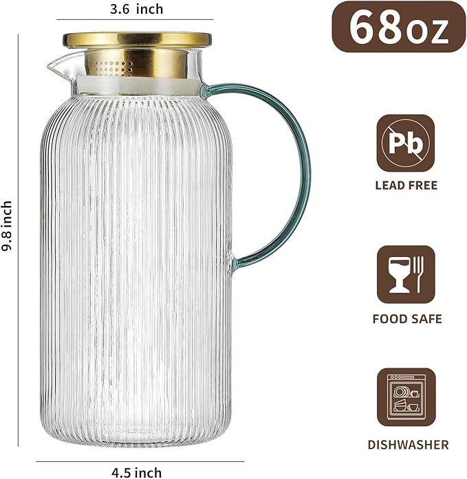 2 PACK Glass Pitcher with Lid,68 oz/ 2 Liter Vertical Stripes Water Pitcher With Green Handle,Glass Water Carafe for Cold Brew,Coffee, Lemonade, Iced Sun Tea,Beverage,Milk Heat Resistant