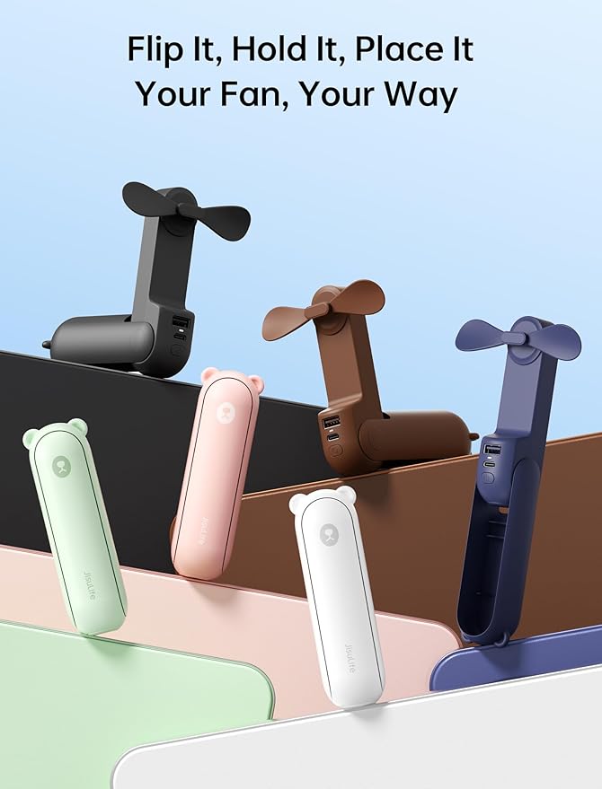 JISULIFE Handheld Mini Fan, 3 IN 1 USB Rechargeable Portable Fan [12-19 Working Hours] with Power Bank, Flashlight, Pocket Design for Travel/Summer/Concerts/Lash, Gifts for Women (White)