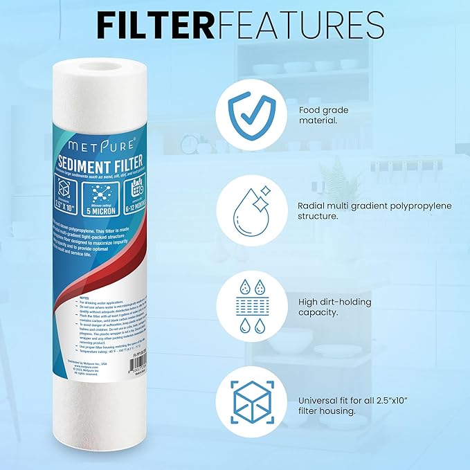 6-Pack Sediment Filter 2.5"x10" 5 Micron Multi-Gradient Cartridge Replacement for Any Standard RO Drinking Water System, Whole House Filtration. Compatible with DuPont, Compatible with Pentek