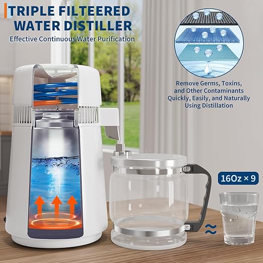 GarveeHome Water Distillers for Home Countertop, 1Gal/4L Stainless Steel Distilled Water Machine with Glass Container, 750W Desktop Drinking Purifier Filter Distilling Kit