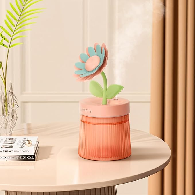 Cute Flower Mini Humidifier, 260ml Sunflower Portable Small Humidifier, Desktop Humidifiers Cool Mist Humidification for Home, Bedroom, Baby Nursery, Office & Indoor Plants, USB Powered (Pink)