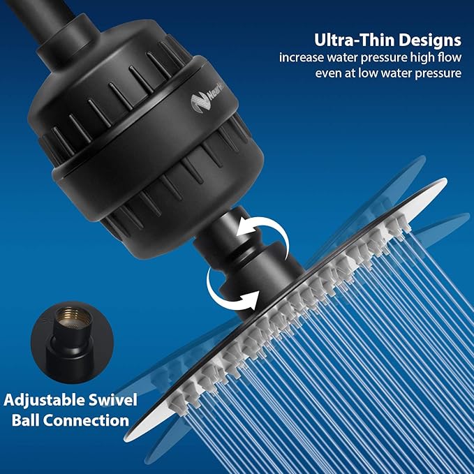 NearMoon Shower Head and 15 Stage Shower Filter Combo, High Pressure Filtered Shower for Hard Water, Improves the Condition of Your Skin, Hair (6 Inch, Black)
